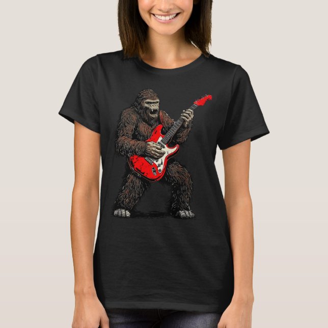 Bigfoot spelar gitarr rockmusikband sasquatch t shirt (Framsida)