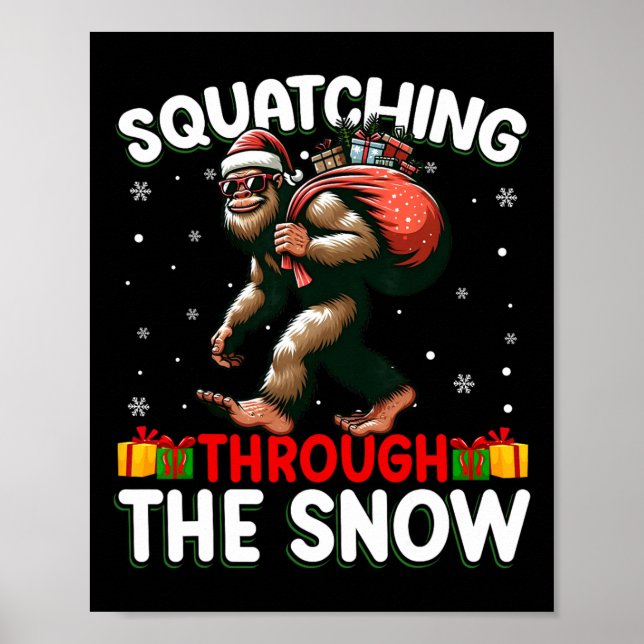Bigfoot Squating genom Snö Santa Hat Julafton Poster (Framsidan)