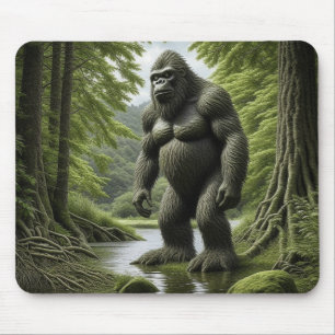 Bigfoot stående i en bäck tecknad serie musmatta