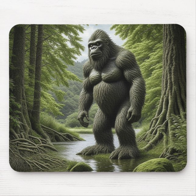 Bigfoot stående i en bäck tecknad serie  musmatta (Framsidan)