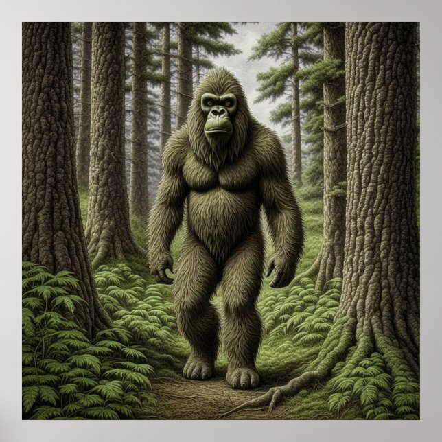 Bigfoot står på Träd AI-konsten Poster (Framsidan)