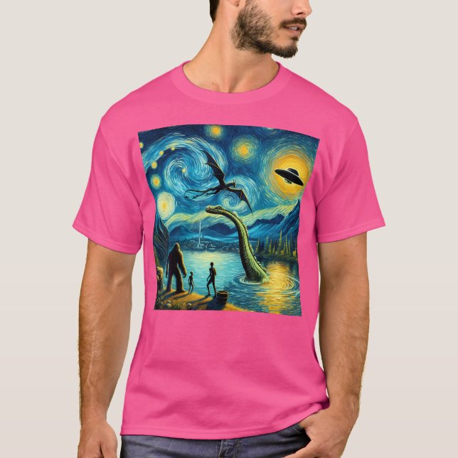 Bigfoot Starry Night Loch Ness Alien Ufo Dragon Cu T Shirt (Framsida)