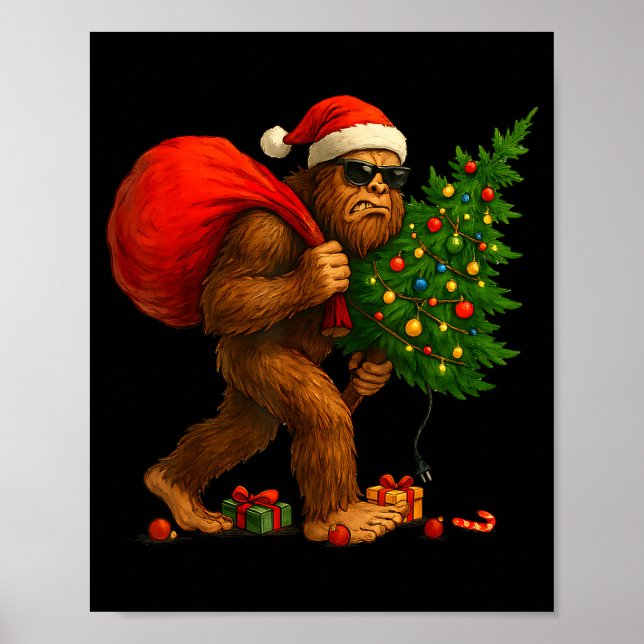 Bigfoot Stealing Christmas Tree Lights Xmas Boys M Poster (Framsidan)