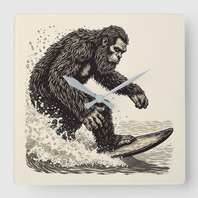 Bigfoot Surfing Fyrkantig Klocka (Framsida)