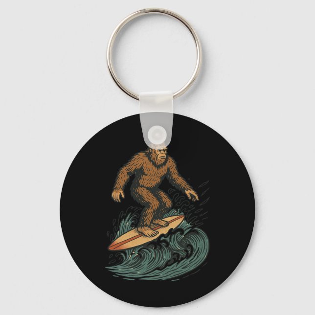 Bigfoot Surfing Retro Strand Kryptid Konst För Som Nyckelring (Framsida)