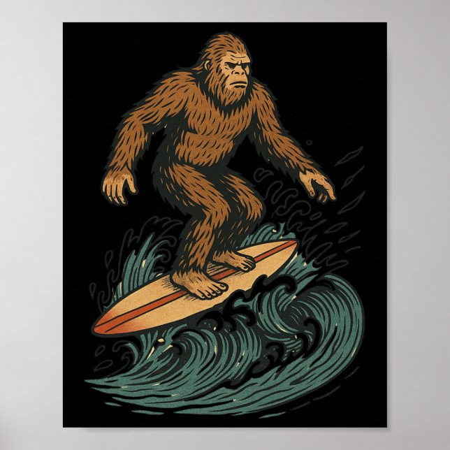Bigfoot Surfing Retro Strand Kryptid Konst För Som Poster (Framsidan)