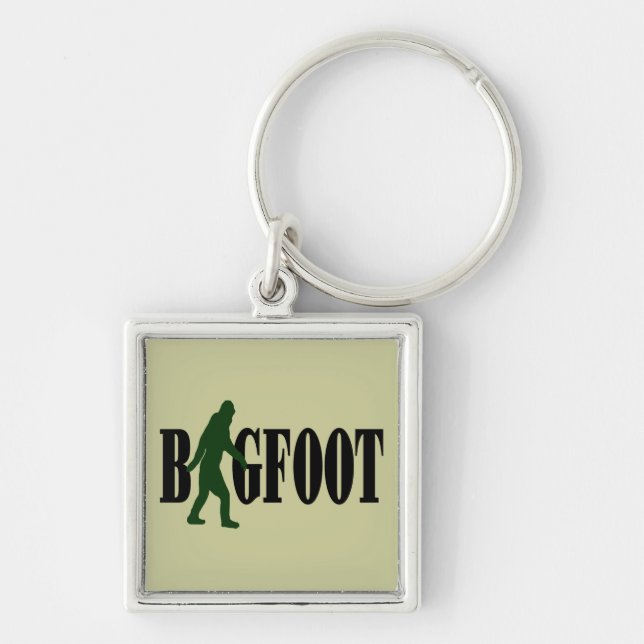 Bigfoot-text och grönt-batchgrafik fyrkantig silverfärgad nyckelring (Framsidan)
