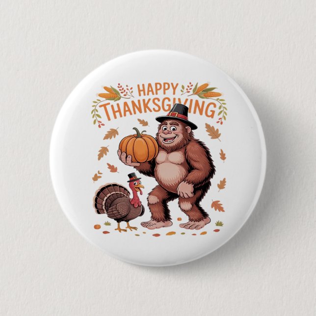 Bigfoot Turkey Pumpkin Thanksgiving Day Classic T- Knapp (Framsida)