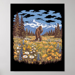 Bigfoot tusenskönas blomma vintage sasquatch skog poster