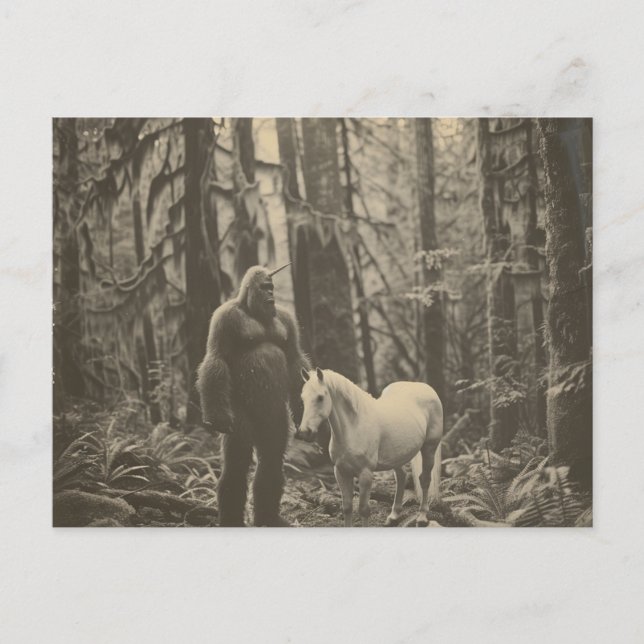 Bigfoot Unicorn och Horse in Forest Postcard Vykort (Framsida)