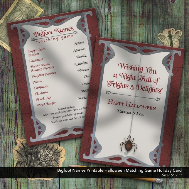 Bigfoot-utskrivet Halloween-matchande spel Julkort (Bigfoot Names Halloween Word Search–Printable Holiday Party Activity)