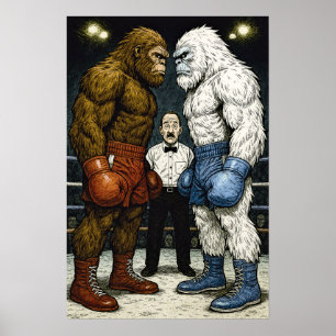 Bigfoot Vs Yeti, boxningsmatch, A.I tecknad art Poster