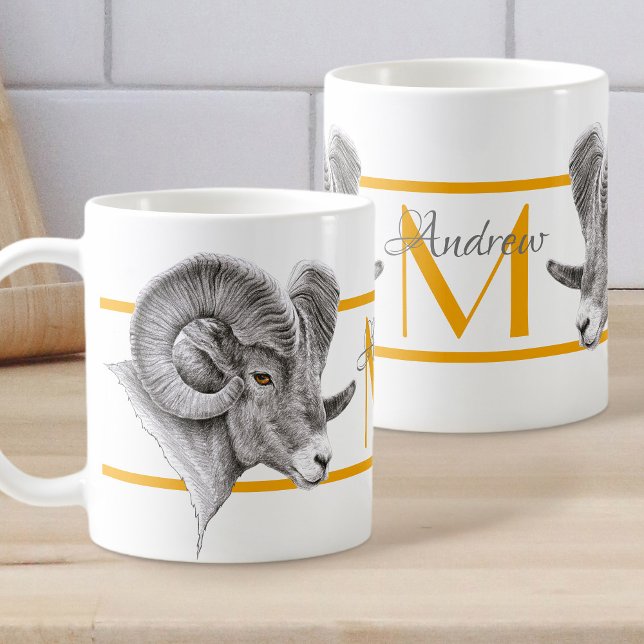 Bighorn Ram Animal Art Aries Zodiac-tecken Monogra Kaffemugg (Skapare uppladdad)
