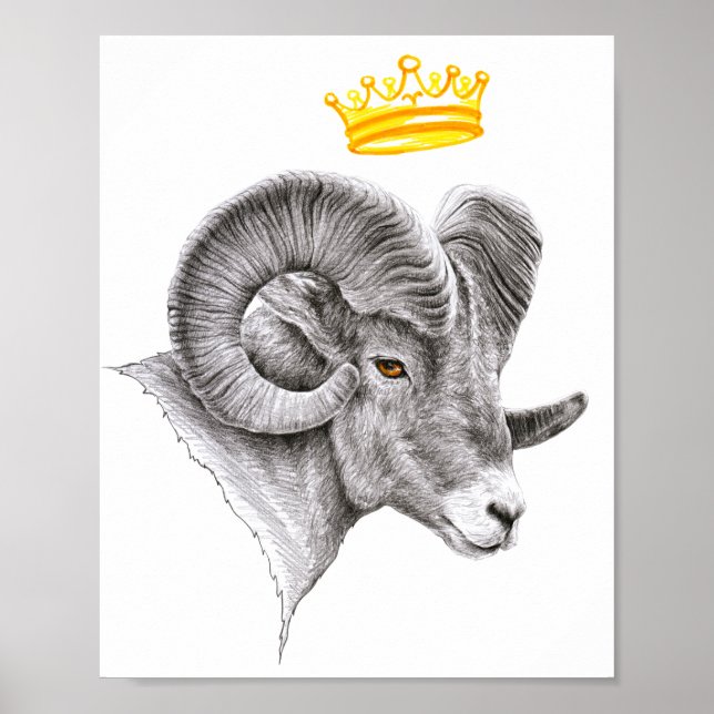 Bighorn Ram med Krona Aries Zodiac Animal art Poster (Framsidan)