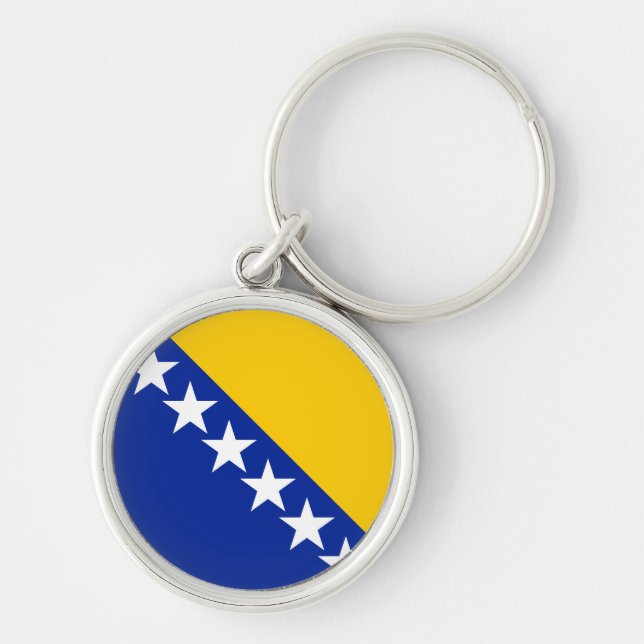 BiH Flaggbricka Rund Silverfärgad Nyckelring (Framsidan)
