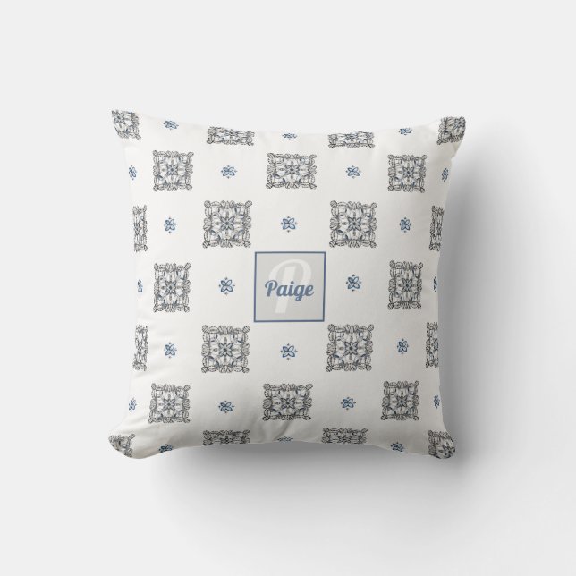 Bihandtecknad doodle med monogram kudde (Framsida)