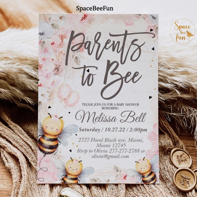 Bihonung inbjudan Bebis shower Föräldrar att bli b (Bee Honey invitation Baby shower Parents to bee Baby shower invitation Boho Pampas Grass Pink Girl )