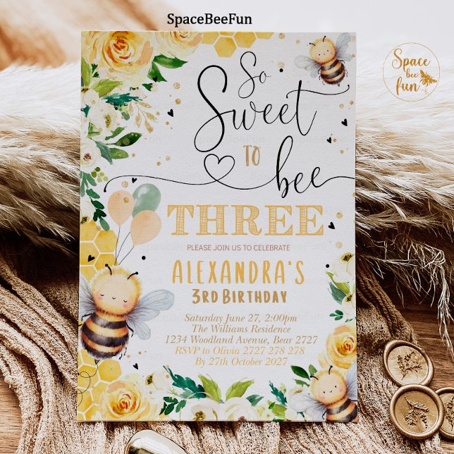 Bihonung Tree-födelsedagsinbjudan Bihonungsdel Inbjudningar (Bee Honey invites,3RD Birthday,invitation,Girl boy Bee,Honey Party Pink,So Sweet to,Bee invites,thre)