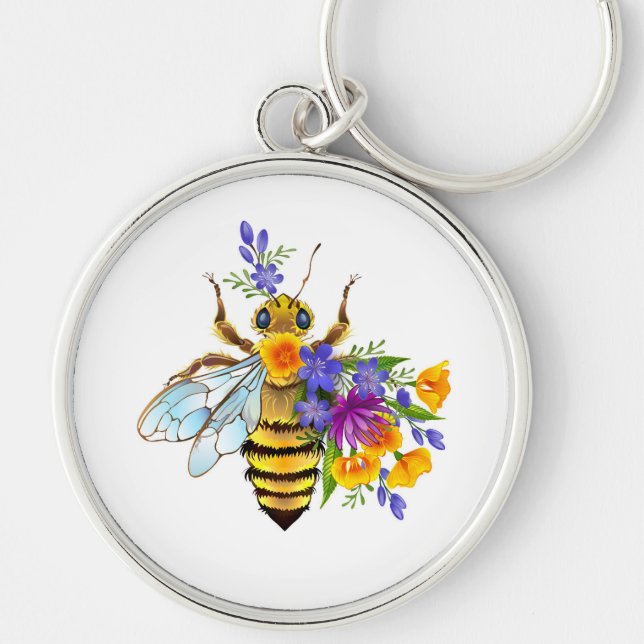 Bihonungsblomma med vilda växter rund silverfärgad nyckelring (Framsidan)