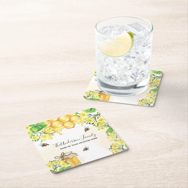 Bihonungscomb gult blommigt Familj namn Underlägg Papper Kvadrat (Insitu)