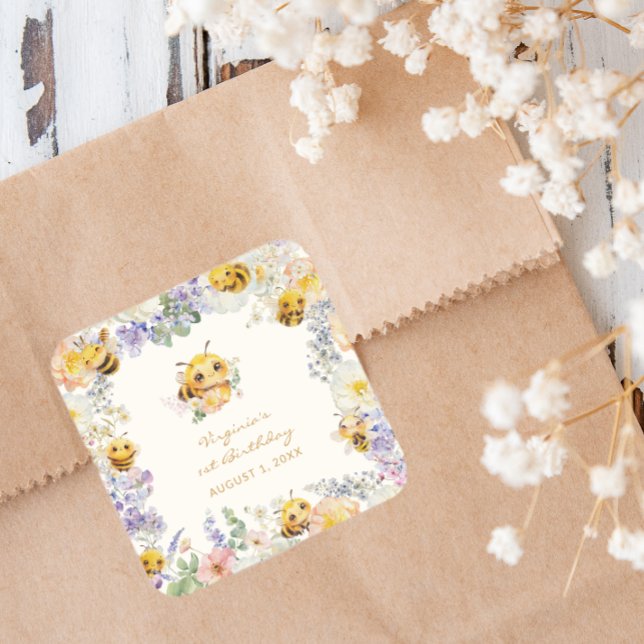 Bikake Födelsedags Kvadratisk Klistermärke (Bee Birthday Square Sticker
)