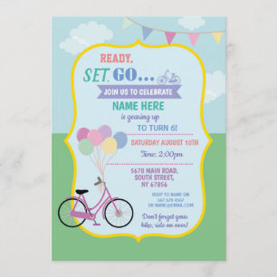 Bike Birthday Bicycle Ride Balloons Party Rosa Inbjudningar