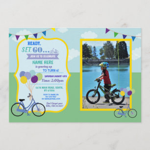 Bike Birthday Cycle Ride Party Blue Boys Photo Inbjudningar