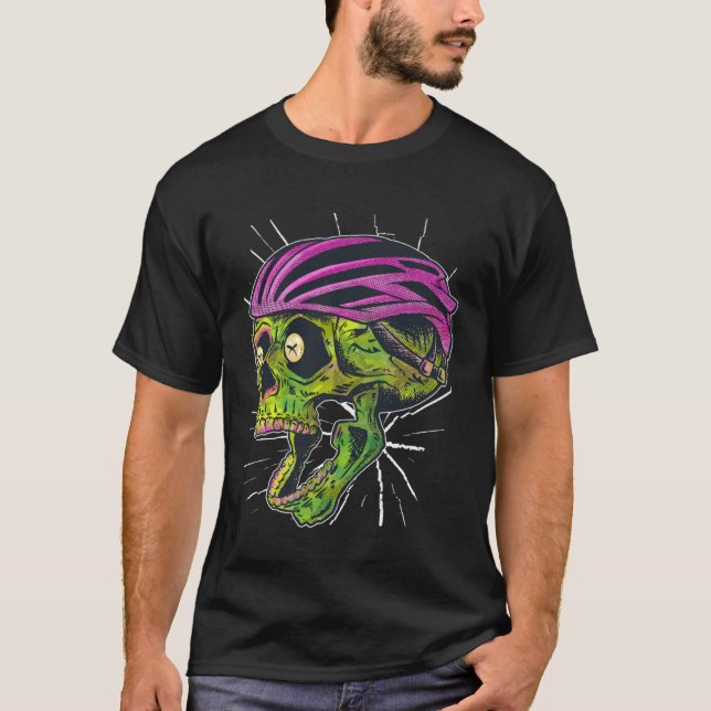 Bike Helmet Skull Weird Cool Fun Retro Dark T Shirt (Framsida)