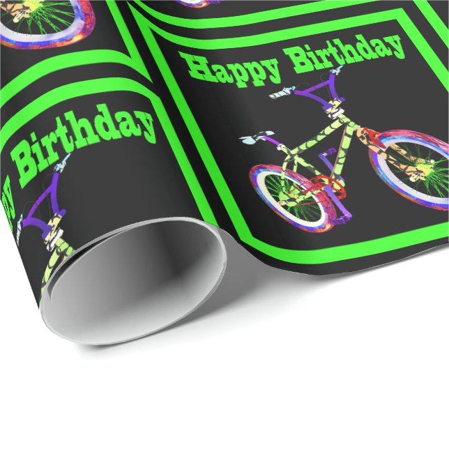 Bike with Neon Grönt Färg Grattis på födelsedagen Presentpapper (Rullad Hörn)