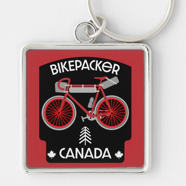 Bikepacking Canada Fyrkantig Silverfärgad Nyckelring (Framsidan)