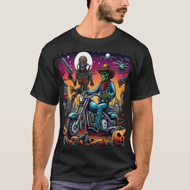 Biker and Alien in Haunted Cemetery T Shirt (Framsida)
