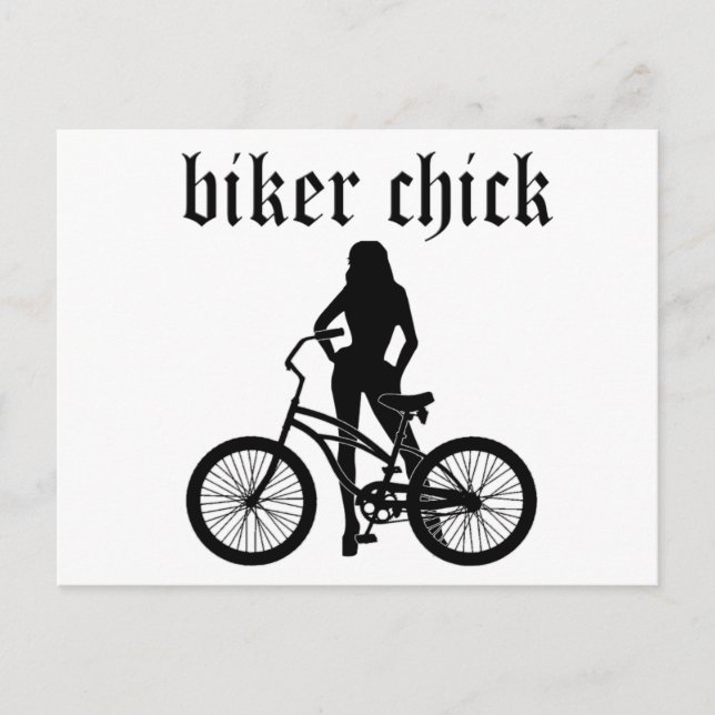 "Biker chick" kvinnlig silhuett med cykel! Vykort (Framsida)