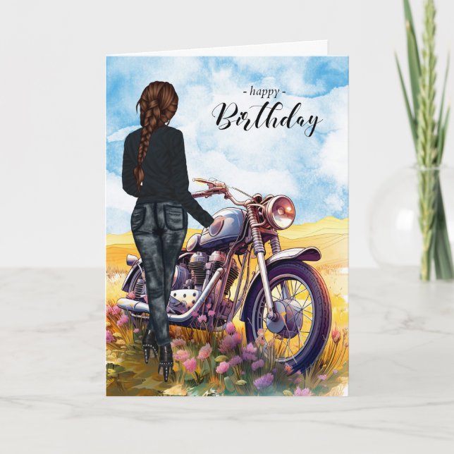 Biker Chick Motorcycle Wildbloms Meadow Birthday Kort (Framsida)