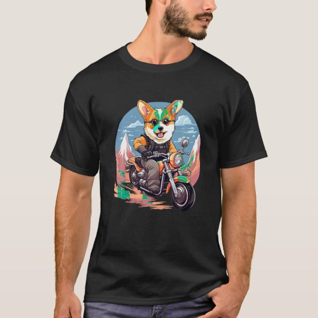 Biker Corgi Hund Riding Motorcle T Shirt (Framsida)