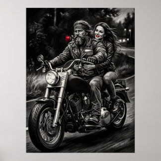 Biker Couple Motorcycle Night Ride Romance Poster