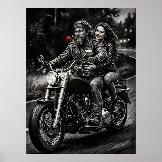 Biker Couple Motorcycle Night Ride Romance  Poster (Framsidan)