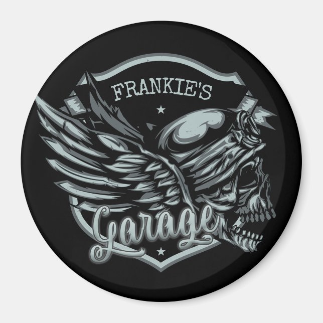 Biker för eget namn Skull Vingar Motorcycle Garage Magnet (Framsidan)