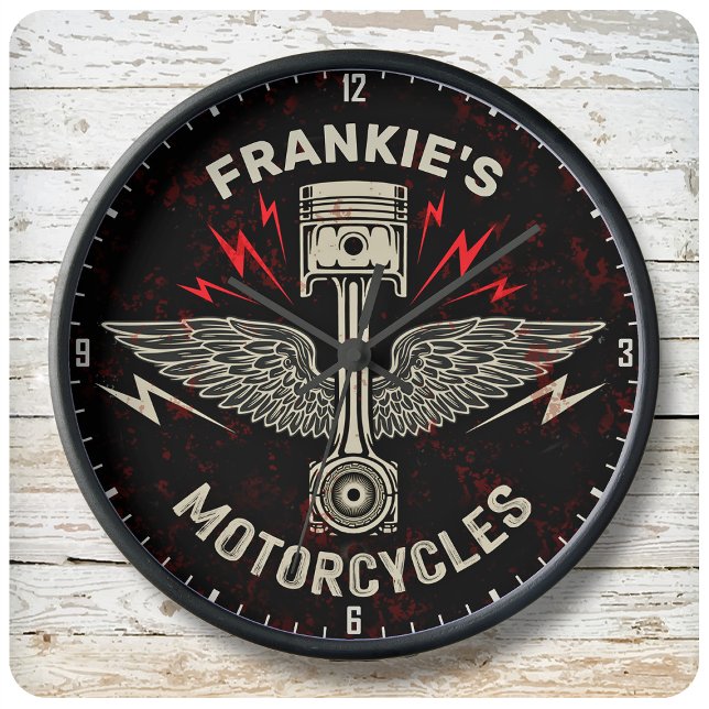 Biker Garage för Vingar-motorcykelspiston Stor Klocka (Skapare uppladdad)