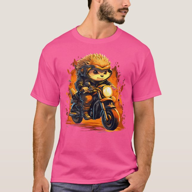 Biker Hedgehog Riding Motorcykel T Shirt (Framsida)
