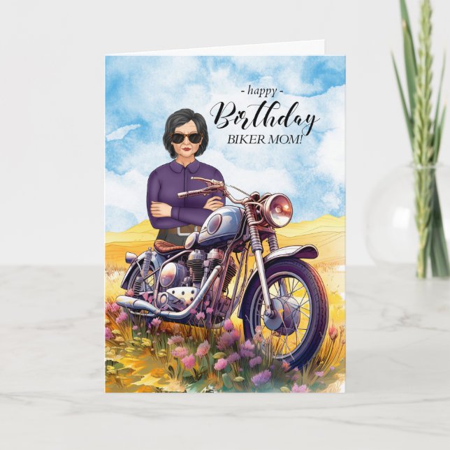 Biker Mamma, motorcykel Wildblomdag, födelsedag Kort (Framsida)