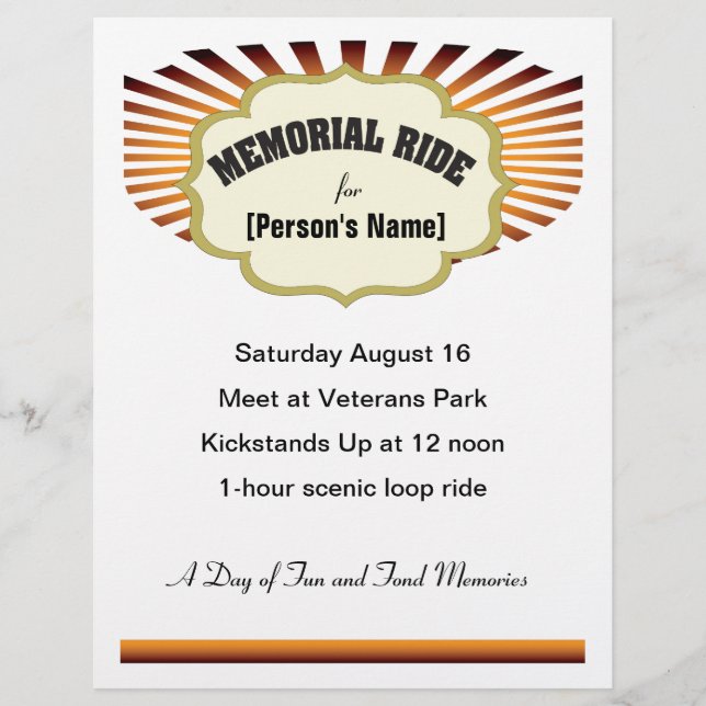 Biker Memorial Ride sunburst bjudande flygare Reklamblad (Framsidan)