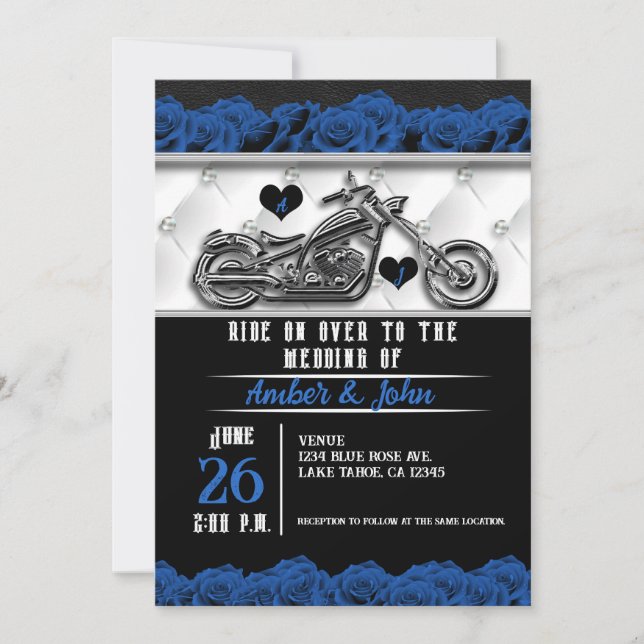 Biker Motorcykelläder Blue Ro Bröllop Inbjudningar (Framsida)