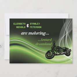 biker på grönt/motorcykel bröllop inbjudningar