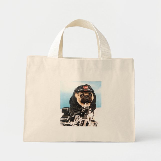 Biker Pug Tote Bag Mini Tygkasse (Framsidan)