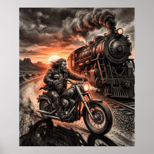 Biker Races Steam Train Desert Sunset Charcoal Art Poster (Framsidan)