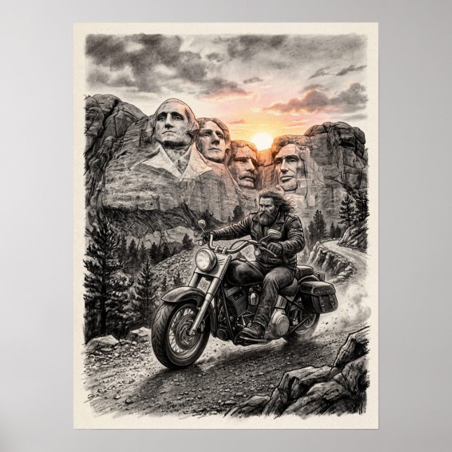 Biker Rides Past Mount Rushmore Presidents Sunset  Poster (Framsidan)