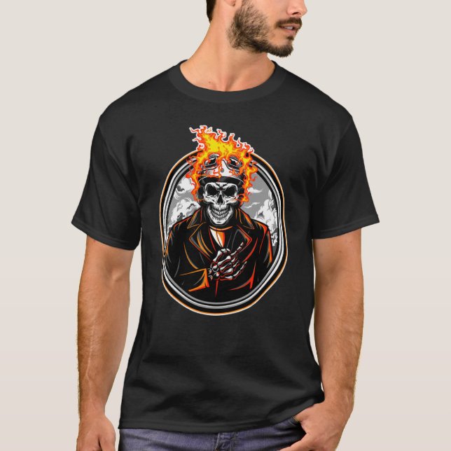 Biker Skeleton Fire Flames Motorcyclist T Shirt (Framsida)