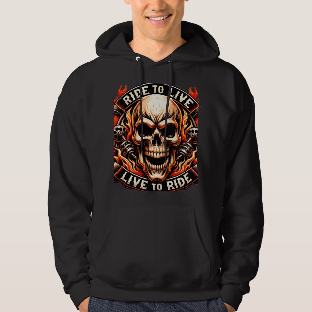 ​Biker Skull Ride to Live Live to Ride Fiery Graph Hoodie (Framsida)