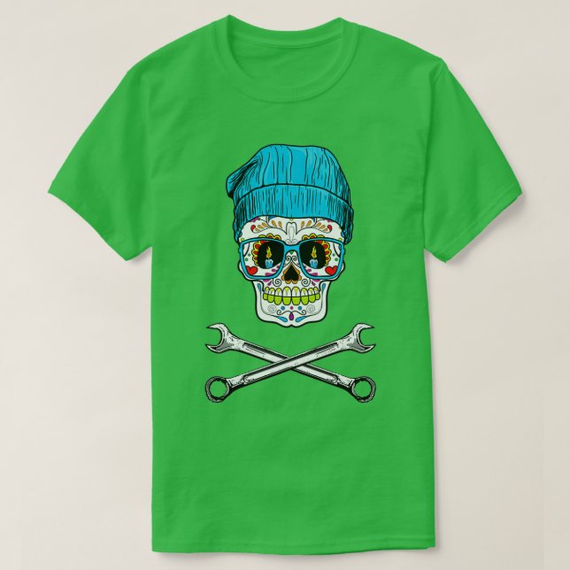 Biker Skullmask med kor wrenchs hastighet racer fa T Shirt (Design framsida)