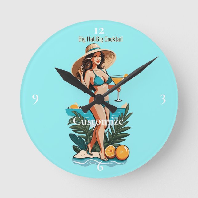 Bikini Babe Big Hat- Big Cocktail Thunder_Cove Rund Klocka (Framsida)
